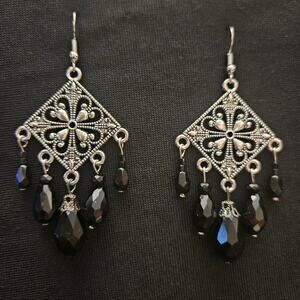 Antique silver and black glass crystal chandelier earrings